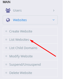 Click on website and then click on list websites